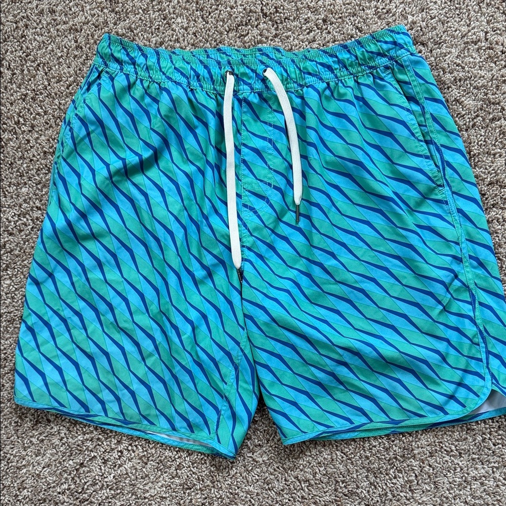 Fair Harbor Turquoise and Blue Diagonal Stripe Swim Trunks
